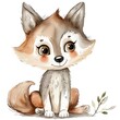 A cute cartoon wolf with big eyes and a fluffy tail. The wolf is sitting down and looking at the viewer. It has a friendly expression on its face.