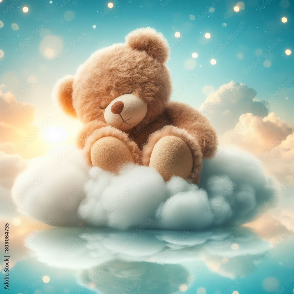 Cute teddy bear sleeping on a cloud - Fantasy illustration - Concept of ...