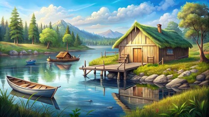 Poster - Fantasy landscape with a wooden cottage on the lake.