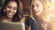 © peopleimages.com - Smile, tablet and women in cafe together checking social media, online business plan or networking. Remote work, partnership and friends in coffee shop with digital app, laugh and internet connection