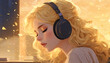Blonde wavy hair girl listens to music wearing black wireless headphones.