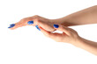 Hand of a woman with blue nails isolated on a white background.