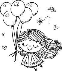 Wall Mural - Cartoon little girl flying with balloons. Outline kids birthday vector illustration