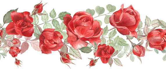Poster - Red Roses Floral Garland in watercolor illustration