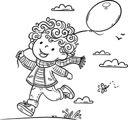 Wall Mural - Cartoon little child with balloons walking outdoors. Black and white kids activities vector illustration