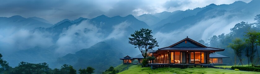 Wall Mural - Eco friendly Mountain Retreat Offers Sustainable Luxury Getaway in Scenic Wilderness Landscape