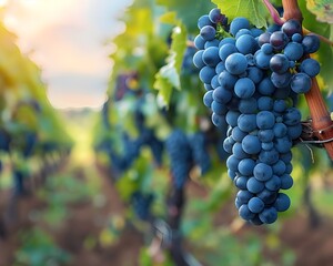 Wall Mural - Sustainable Organic Grape Vineyard with Lush Green Foliage and Ripe Fruit Clusters in Countryside Landscape