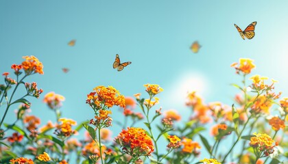 Canvas Print - Orange blossoms in full bloom with butterflies fluttering around, depicting the liveliness of a blooming garden