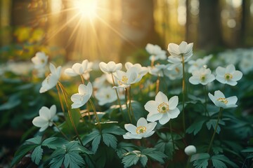 Sticker - A serene field of delicate white anemone flowers bathed in the warm golden hue of the setting sun