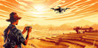 illustration,A far away drone pilot flying high above, holding a controller in their hands. 