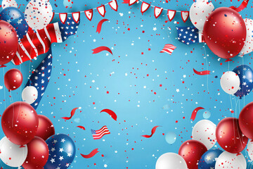 A group of balloons with red, white, and blue stars and confetti, party celebration, highly decorated, carnival atmosphere, happy birthday 4th July , independence partiotic day copy space 