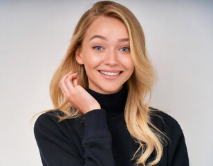 Sticker - pretty young smiling blonde woman in black pullover laughing looking at camera over white background