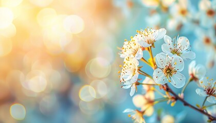 Poster - Close-up of delicate cherry blossoms with a soft bokeh background, symbolizing renewal and the arrival of spring