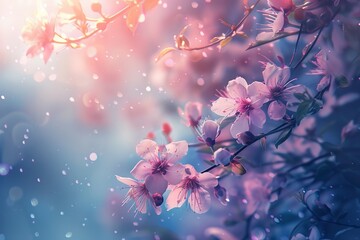 Sticker - Ethereal lighting brings a magical quality to this image of delicate cherry blossoms, symbolizing renewal and the fleeting nature of life