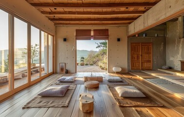 Poster - A serene traditional Japanese room with calming natural light, sliding doors, and tatami mat flooring for meditative practices