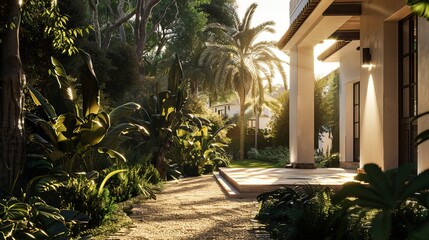 Wall Mural - A ray of sunshine illuminates a peaceful walkway surrounded by lush greenery and modern building in the background