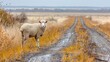   A sheep stands beside a dirt road in a vast dry grass and reed field