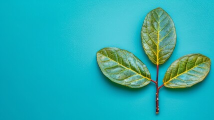   A green leaf atop a blue surface; a green plant nearby with two leaves