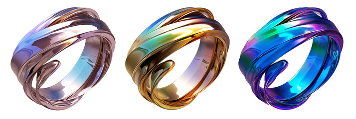 Fototapete - Set of 3D iridescent metallic twisted ring shape, flowing curves, isolated on transparent background
