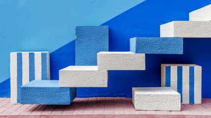 Wall Mural -   A blue staircase adjoins a blue wall, while a blue-and-white staircase faces a blue-and-white wall