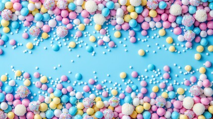 Sticker -   A blue background with pastel-colored balls and sprinkles at the bottom