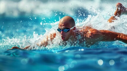 Wall Mural - A man wearing sunglasses is swimming in the water.