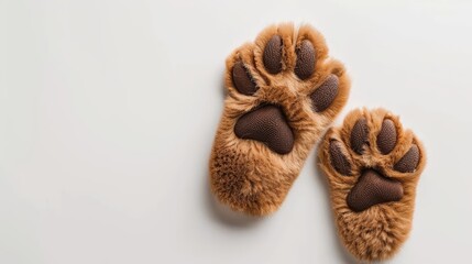 Poster -   A tight shot of two pairs of slippers – one brown and black, shaped like animal paws, the other resembling cat paws – placed side by side against a pristine