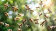   A swarm of bees flies overhead, above a forest teeming with numerous yellow and brown honeybees