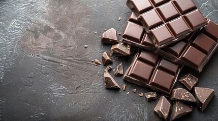 Canvas Print -   A black table holds a stack of chocolate pieces, beside it, broken chocolate fragments accumulate