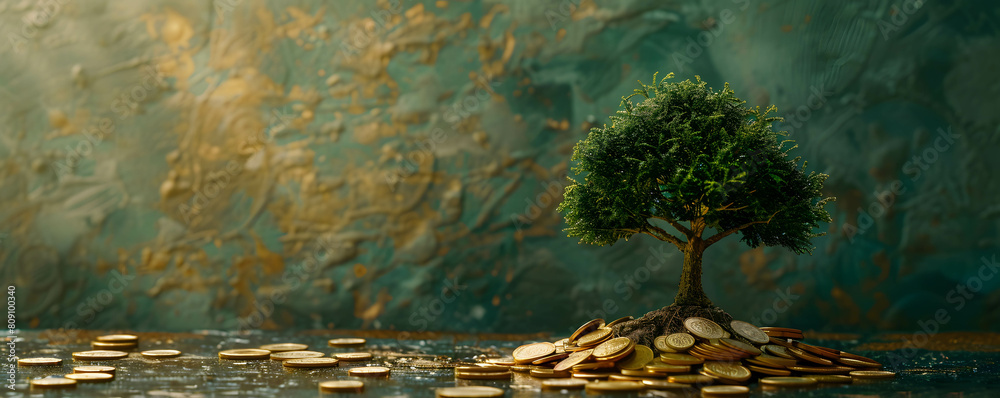 Golden tree growing on pile of golden coins, business and investment ...