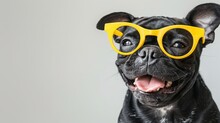   A Close-up Of A Dog Wearing Yellow Glasses, Its Smiling Face Framed By The Glasses