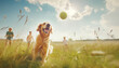 Cute golden retriever dog portrait in high grass with children kids running behind. Loyal dogs pet friendship, outdoor walking and just funny canine concept image