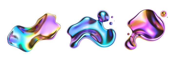 Wall Mural - Set of bubble 3d chrome neon fluid form liquid metallic shape, transparent background