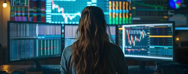 Poster - Woman Examining Market Trends on Multiple Displays for Financial Planning and Analysis