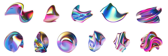 Wall Mural - Set of twisted 3d chrome neon fluid form liquid metallic shape, transparent background