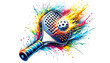 Colorful abstract watercolor of a pickleball paddle (racket) and ball with vibrant dynamic paint splashes for playing through a sports net on the court. White background with copy space.