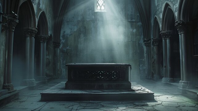 dark spooky empty display podium in empty gothic room, scary vintage haunted dark black church room 