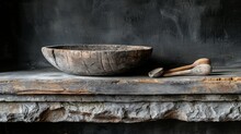A Photorealistic Image Of Wooden Plates And Spoons Placed On An Ancient Stone Table, Against A Monochrome Background Of A Dark Environment