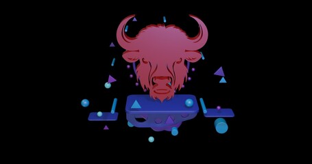 Poster - Red buffalo head on a pedestal of abstract geometric shapes floating in the air. Abstract concept art with flying shapes in the center. 3d illustration on black background