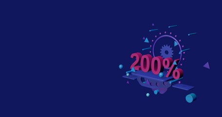 Poster - Pink 200 percent symbol on a pedestal of abstract geometric shapes floating in the air. Abstract concept art with flying shapes on the right. 3d illustration on indigo background