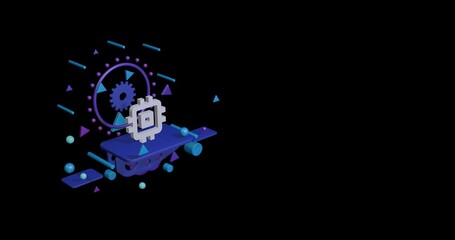 Poster - White chip symbol on a pedestal of abstract geometric shapes floating in the air. Abstract concept art with flying shapes on the left. 3d illustration on black background