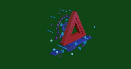 Poster - Red emergency stop sign on a pedestal of abstract geometric shapes floating in the air. Abstract concept art with flying shapes in the center. 3d illustration on green background