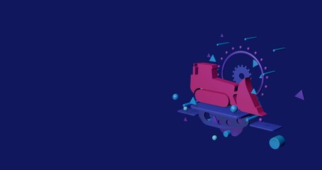 Poster - Pink bulldozer symbol on a pedestal of abstract geometric shapes floating in the air. Abstract concept art with flying shapes on the right. 3d illustration on indigo background