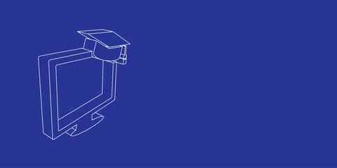 Poster - The outline of a large distance learning symbol made of white lines on the left. 3D view of the object in perspective. Vector illustration on indigo background