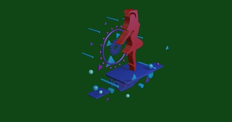 Poster - Red ballerina symbol on a pedestal of abstract geometric shapes floating in the air. Abstract concept art with flying shapes in the center. 3d illustration on green background