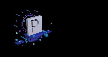 Poster - White road parking sign on a pedestal of abstract geometric shapes floating in the air. Abstract concept art with flying shapes on the left. 3d illustration on black background