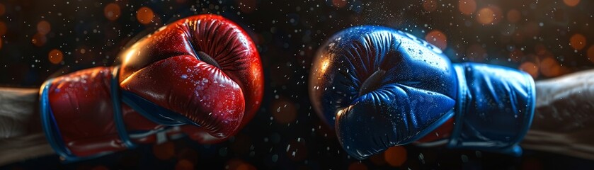 Action shot of red and blue boxing gloves mid-punch, with sweat particles visible in the air, demonstrating the intensity of the sport in 8K clarity, close-up