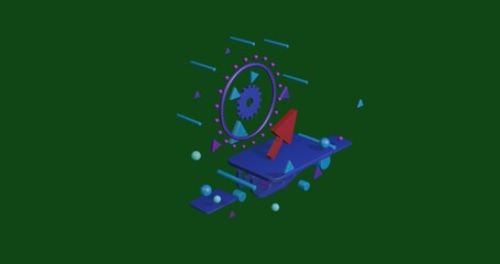 Poster - Red trowel symbol on a pedestal of abstract geometric shapes floating in the air. Abstract concept art with flying shapes in the center. 3d illustration on green background