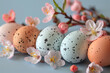 Speckled Easter Eggs Amongst Blossoming Spring Flowers