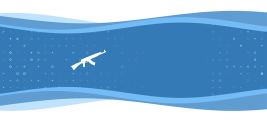 Poster - Blue wavy banner with a white assault rifle symbol on the left. On the background there are small white shapes, some are highlighted in red. There is an empty space for text on the right side